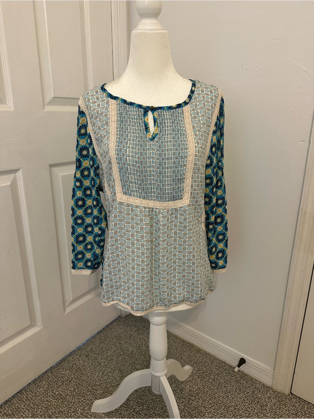 Matilda Jane Boho-Style Teal Mixed-Print Tunic with Keyhole Tie